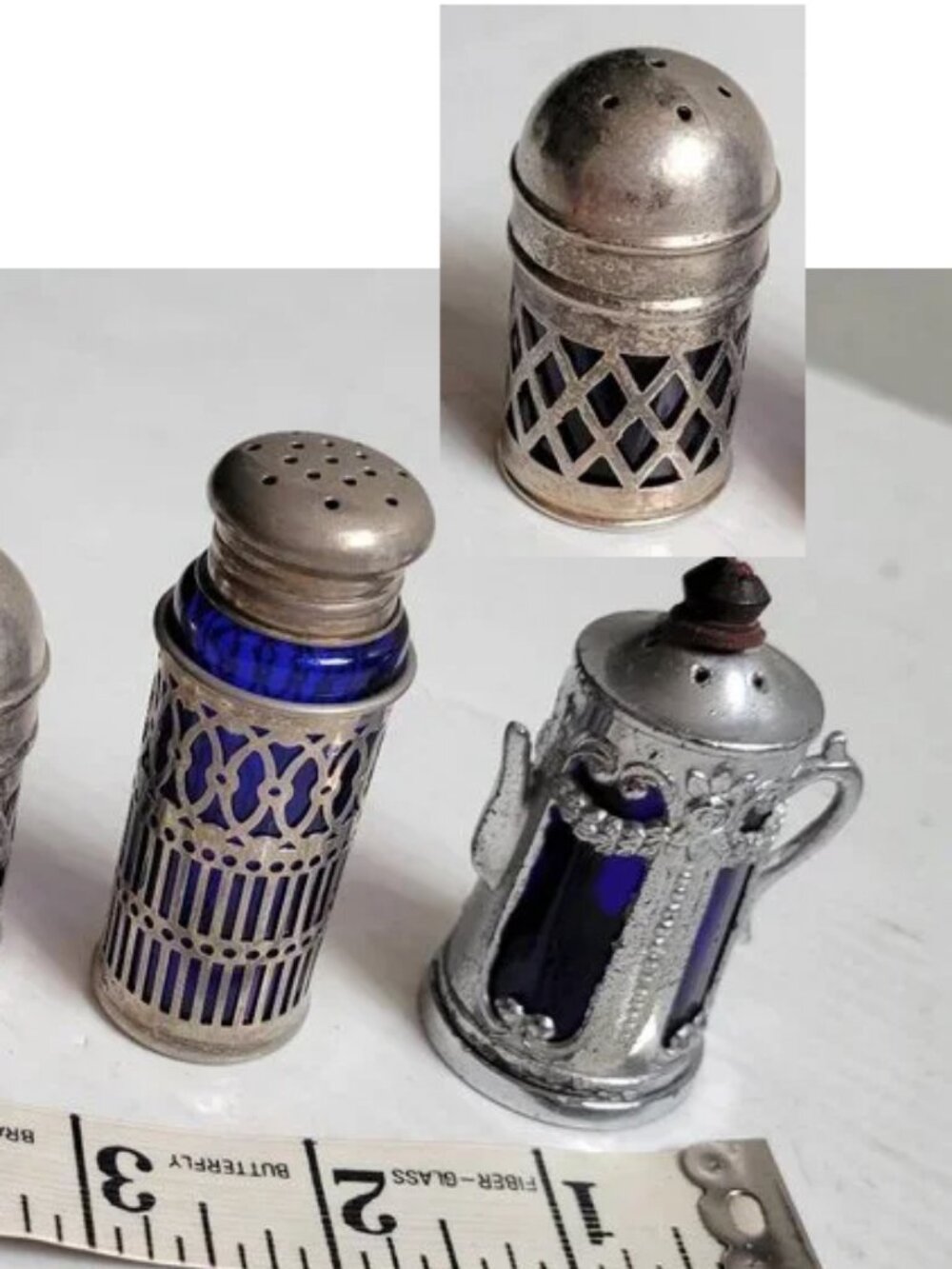 3 Small Blue Glass Salt Pepper Shaker w/ Silver Plate Metal Cages 1 England Made